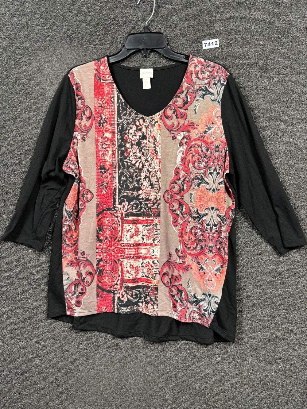 Chico's Blouse Womens Size 3 US XL Black Red Mix Damask 3/4 Sleeves Scoop Neck